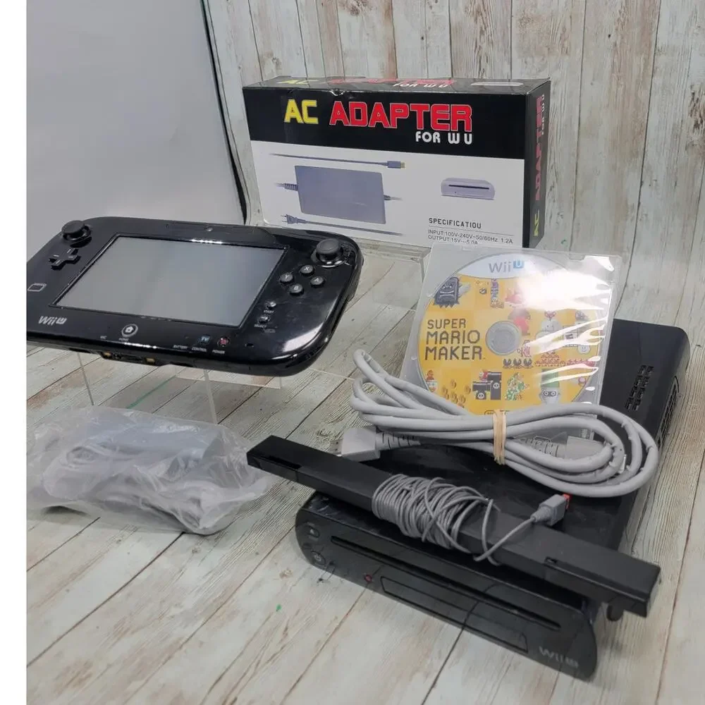 Wii U Black Console W/ All Charging Cables & Gamepad Works Great! 1 Free Game